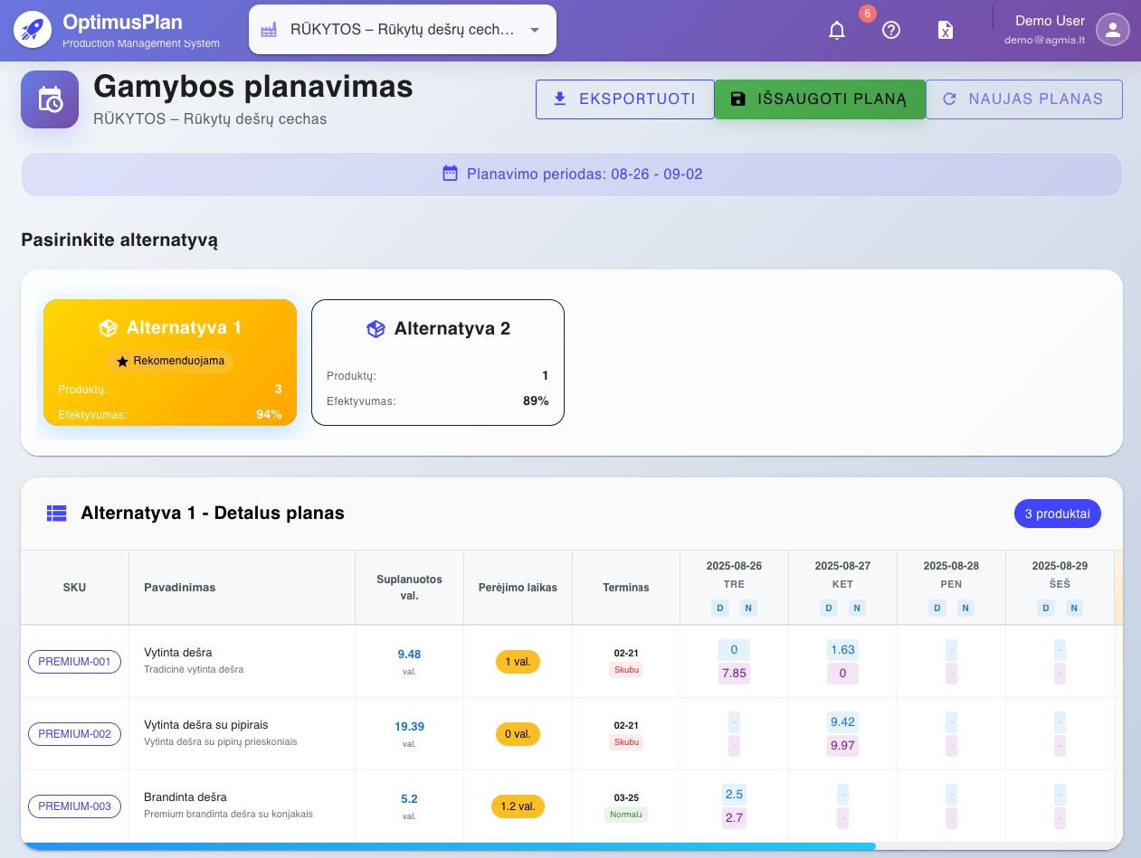 Gamybos planavimo ekranvaizdis